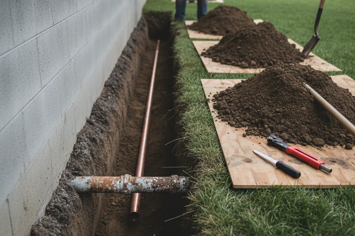 Excavated water line trench during Sewer Line Repair in Johnston